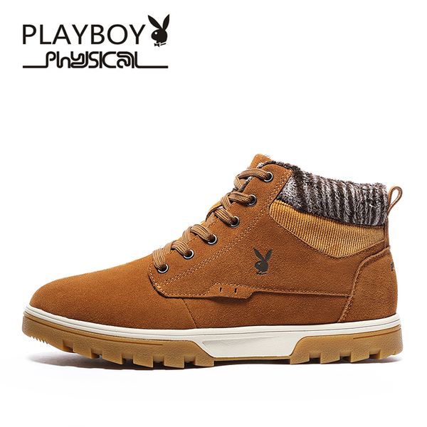 

playboy winter men's boots cow suede warm velvet snow boots high plush genuine leather add wool cotton shoes ds67136, Black