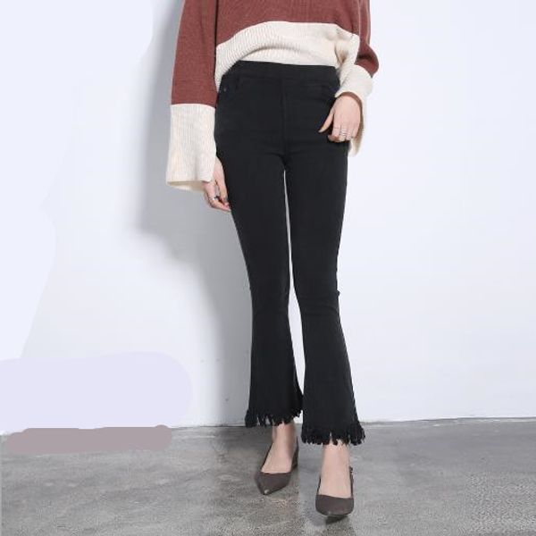 

women pants 2020 vintage women high waist retro black flare pants tassel plus size skinny ankle-length trousers m851, Black;white