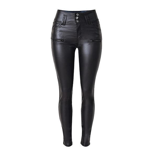 

autumn and winter high waist 3 buckle slim slimming imitation leather feet pants pu wild large size fashion casual pants k170, Black;white