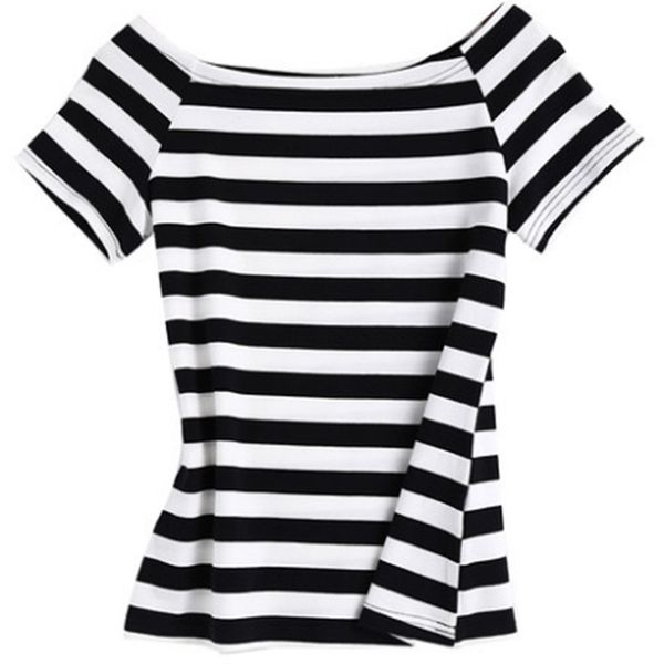 

high-quality black-and-white striped short-sleeved t-shirt with one-character shoulder and large neckline leaking clavicle half