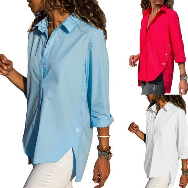 

women casual chiffon blouse long sleeve lapel neck solid asymmetrical loose blouse new women blusas mujer de moda, White