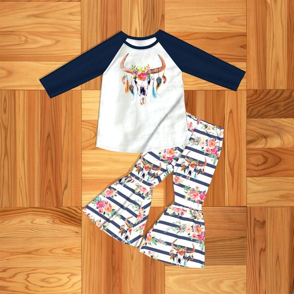 

girl autumn clothing new festival style baby clothe set pink bull head pattern wm-xp-3, White