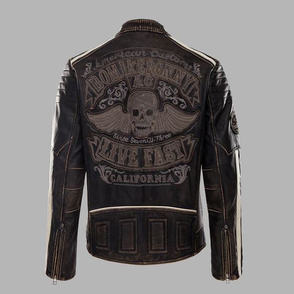 

autumn clothing distressed vintage skull embroidery cow leather rider jacket genuine leather motorcycle slim standcollar, Black