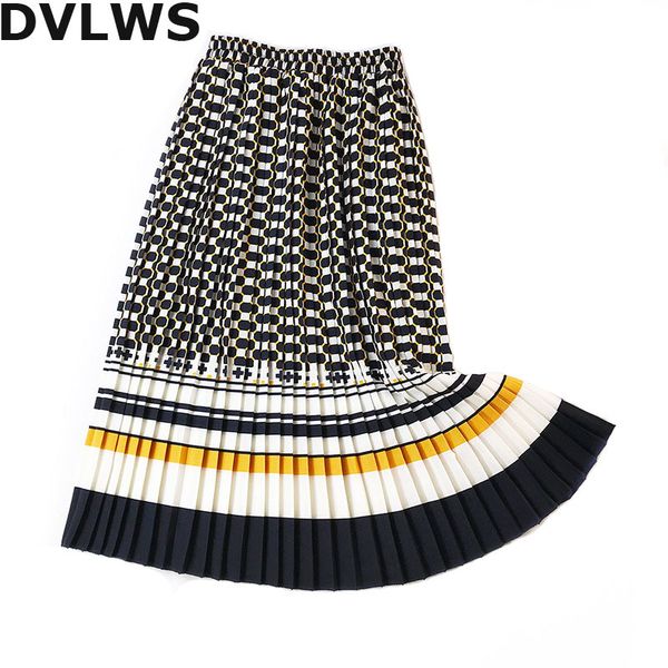 

fashion retro printed skirts women accordion pleated a line skirts pleated skirt faldas mujer moda za blue yellow color, Black;gray