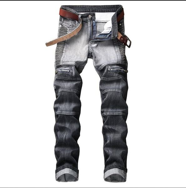 

2019 designer men's stitch luxury jeans men creases zip jeans slim fit straight denim fat man pants jeans 29-42, Blue