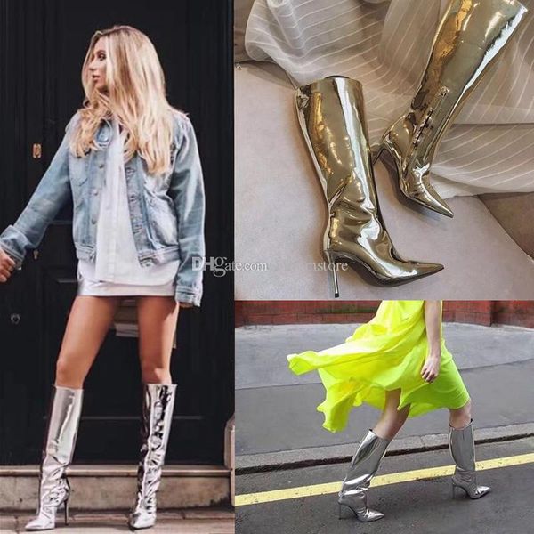 

runway fashion metallic leather womens knee high boots gold silver rainboots short long botas ladies high-heeled dress prom shoes large size, Black
