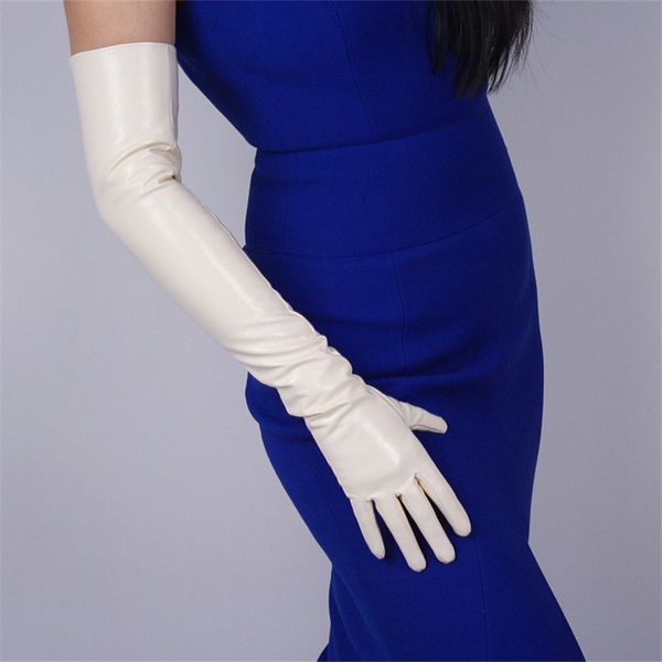 

60cm patent leather long gloves extra long over elbow pu emulation leather bright mirror beige nude cream pu50-60, Blue;gray