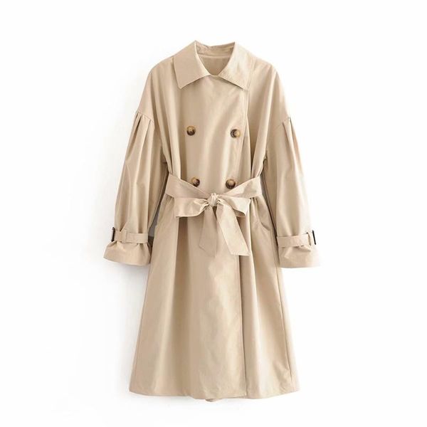 

2019 winter women's new lapel lace up lantern sleeve double breasted with belt temperament light mature elegant medium windbreak, Tan;black