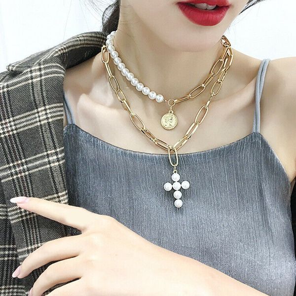 

retro pearl cross queen coin pendant female personality short neck chain choker accessories 2019 new personality short necklace, Golden;silver