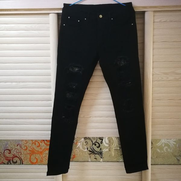 

brand men's slim skinny crystal rhinestone men skinny jeans pants patchwork ripped jeans patch stretch 565 dropshipping, Blue