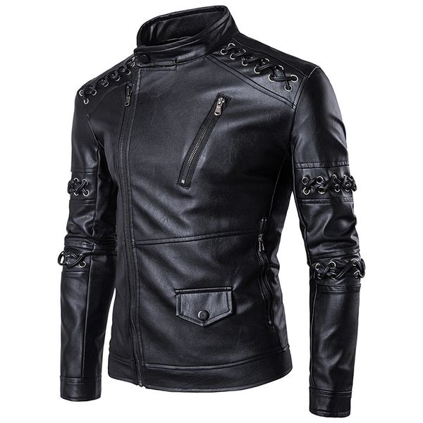 

aboorun mens punk leather jacket multi bandage hole motorcycle biker pu leather jacket fashion us size male r2790, Black