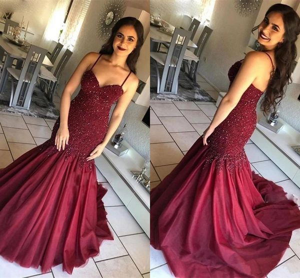 

setwell burgundy spaghetti mermaid evening dresses sweetheart backless sleeveless lace appliques beaded pleated prom party formal gowns, Black;red