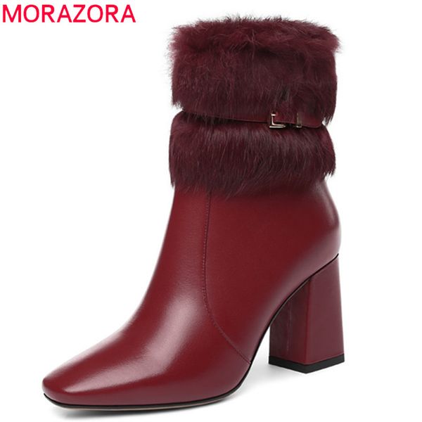 

morazora 2020 new arrival genuine leather ankle boots women square toe keep warm winter boots fashion high heels shoes woman, Black