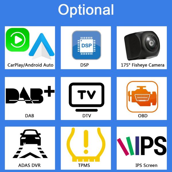 

optional extra cost for carplay dsp camera dab dtv obd adas tpms ips screen owtosin android dvd only sell with car dvd together