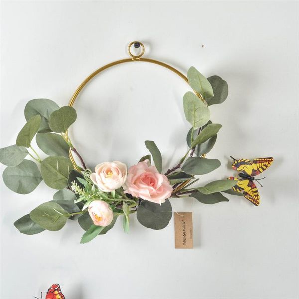 

cilected ins nordic metal wrought iron eucalyptus leaves wreath with artificial flower wedding decoration wall hanging wreath