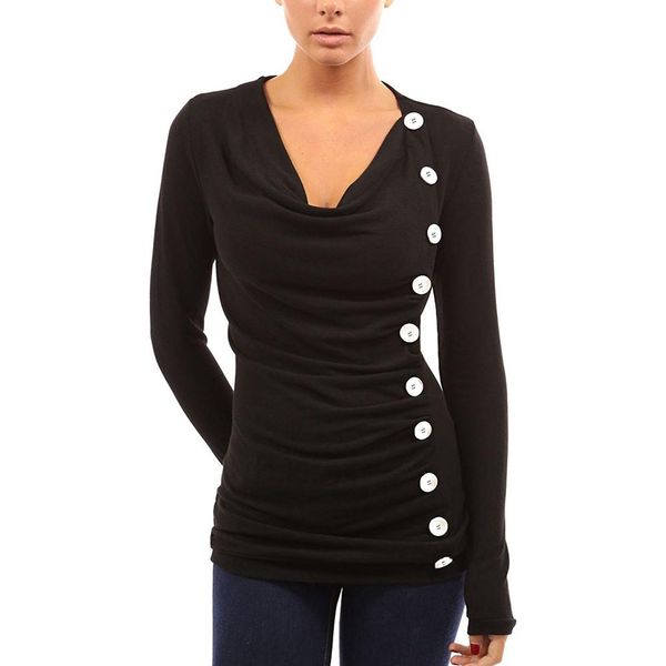 

2019 new fashion t-shirts for women drape v neck female t-shirt 10 buttons decoration long sleeve tee shirt femme pullover, White