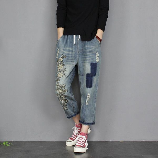 

boyfriend jeans for women vintage flower embroidery distressed regular washed ripped jeans denim pants jean femme plus size, Blue