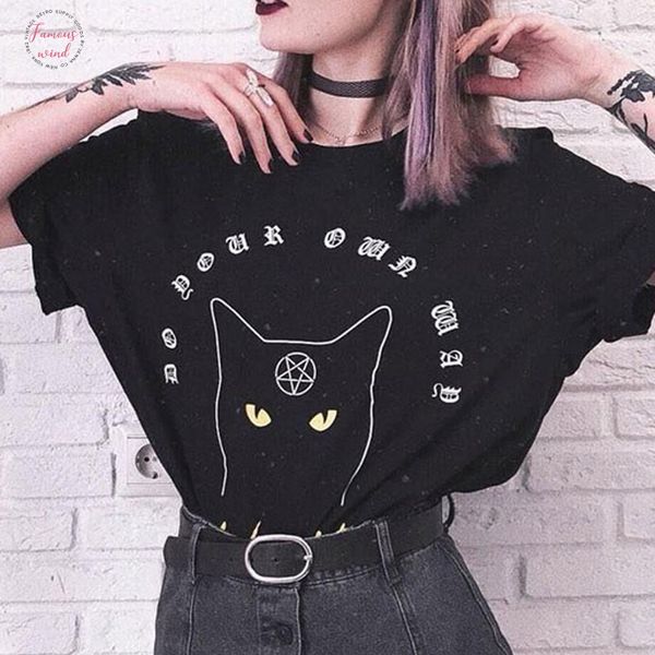 

girls gothic pentagram symbol pattern cat letter print t shirt harajuku casual tumblr tee summer women t shirts, White