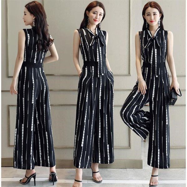 

sleeveless rompers womens jumpsuit striped overalls female summer chiffon one piece pants combinaison femme bodysuit women, Black;white