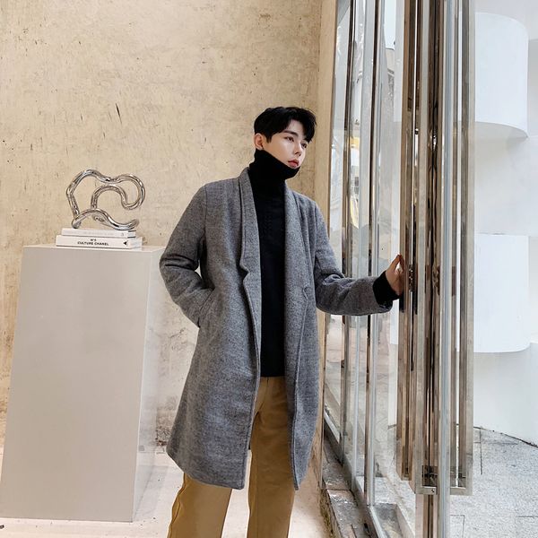 

зимние шерстяные пальто мужская мода solid color casual v-образным вырезом шерстяная куртка человек streetwear сыпучие британский стиль паль, Black