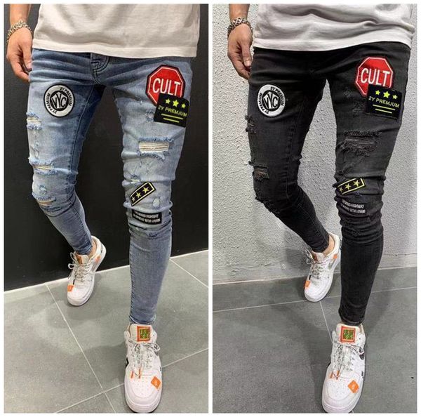 

мужские дизайнерские джинсы патчи щитовой мужской stretch тощего отверстие карандаш брюки мода homme street style jeans, Blue