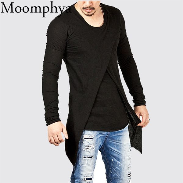 

moomphya 2018 men super stylish cross layered swallow tail long tee men long sleeve t-shirt longline hem tshirt streetwear, White;black