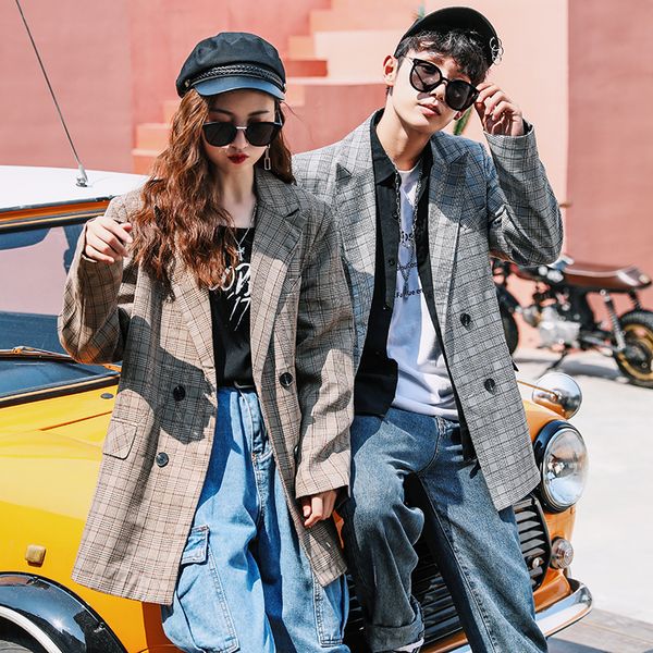 

2019 autumn new hong kong style couple web celebrity casual check long suit jacket men large size windbreaker male long coat, Black;brown