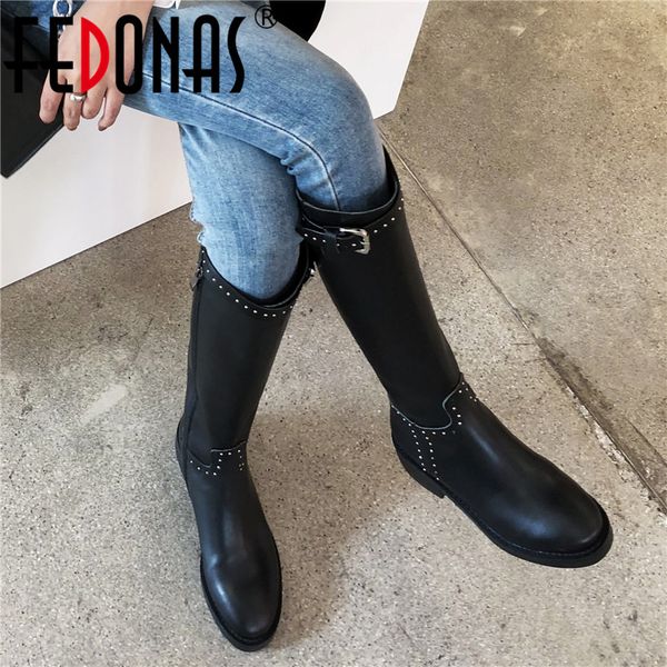 

fedonas new punk high heels zipper women knee high boots 2020 winter quality genuine leather warm riding boots party shoes woman, Black