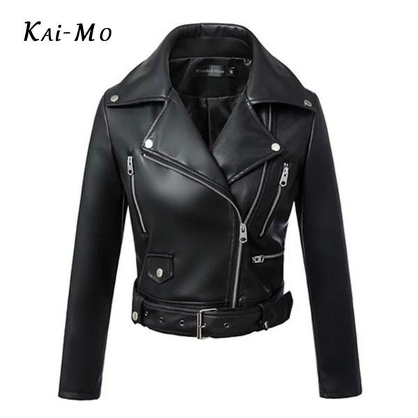 

women's leather & faux kai-mo women jacket spring autumn black burgundy zipper moto biker coat short soft pu jackets with belt