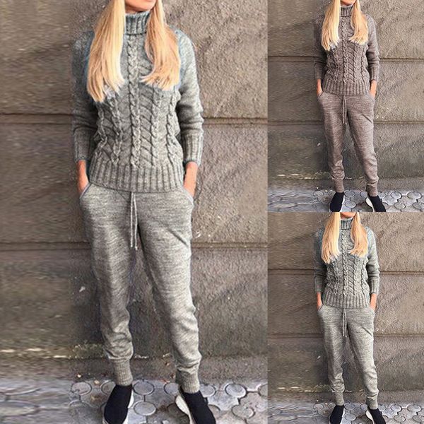 

causal turtleneck women knitted tracksuit sporting two piece sets solid women's pullovers sweaters+knit pants trousers suits, Black;blue