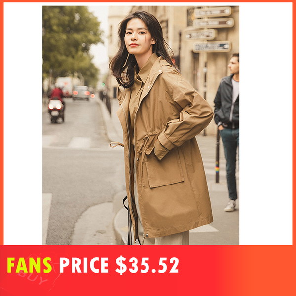 

inman 2019 autumn new arrival casual hooded literary deep khaki drop-shoulder fashion women coat, Tan;black