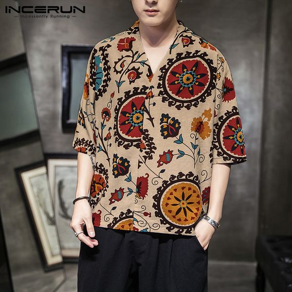 

incerun men vintage shirt cotton breathable blouse casual half sleeve camisa v neck chinese style printed shirts streetwear, White;black