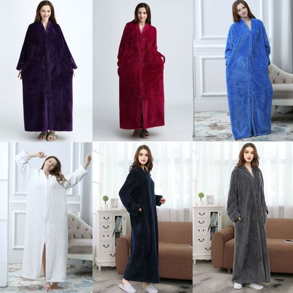 

long zipper couples flannel bathrobe sleeping robe women cloak peignoir dressing gowns women badjas winter women's clothing, Black;red