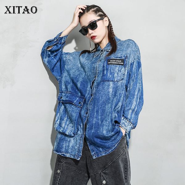 

xitao tide plus size patchwork blouse pocket women clothes 2020 spring new personality turn down collar full sleeve 3497, White