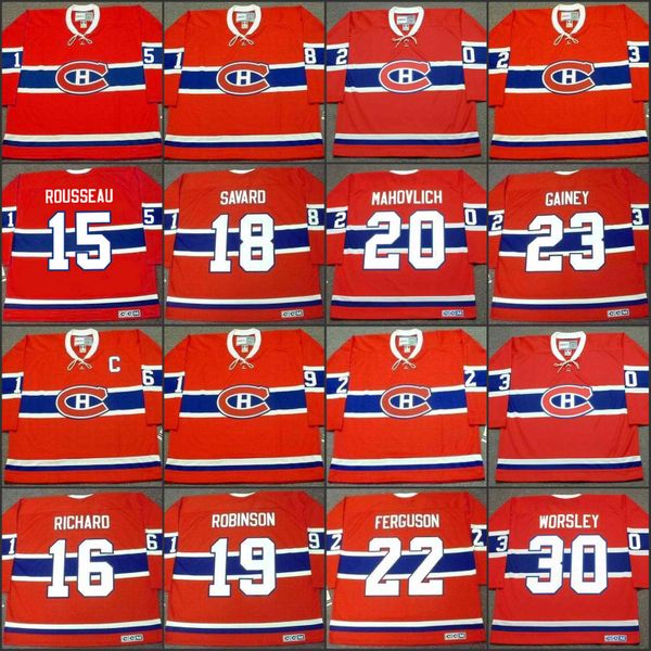 

ontreal canadiens 15 bobby rousseau 16 henri richard 18 serge savard 19 larry robinson 20 peter mahovlich 22 john ferguson 23 bob gainey, Black;red