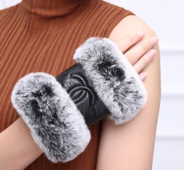 

женщины зимнего меха роскошные кожаные softs модный бренд перчатки алмазный решетки кролик мягкий теплый овчины sexy привод половина пальцев, Blue;gray