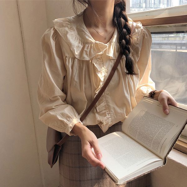 

so lovely ruffles ruched blouse women shirt spring autumn lolita retro puff sleeve chemise femme blusa mujer camisa, White