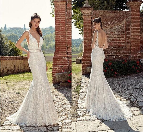 

eddy k 2019 русалка свадебные платья элегантный сексуальный спагетти v шеи спинки жемчуг свадебные платья развертки поезд свадебное платье v, White