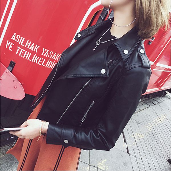 

2019 european style spring autumn leather jacket women leisure loose standing collar zippers short female long sleeve jackets, Black;brown