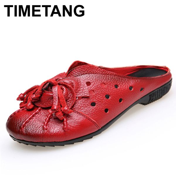 

timetang ethnic style genuine leather women shoes handmade flower slides flat shoes folk-custom vintage hollow out flat, Black