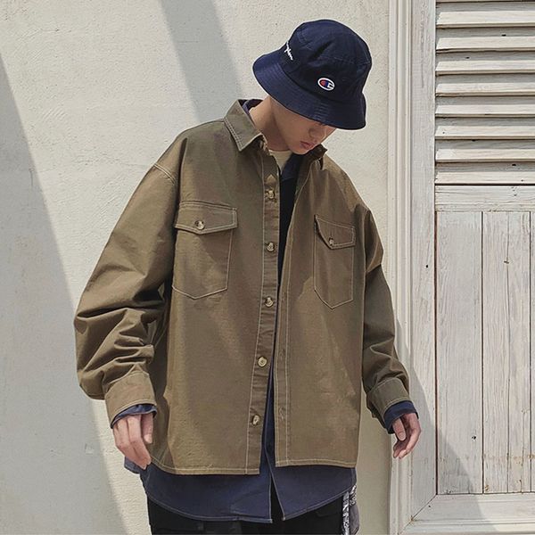 

men long sleeve loose casual vintage cargo shirt cardigan jacket male streetwear hip hop shirts safari style shirt outerwear, White;black