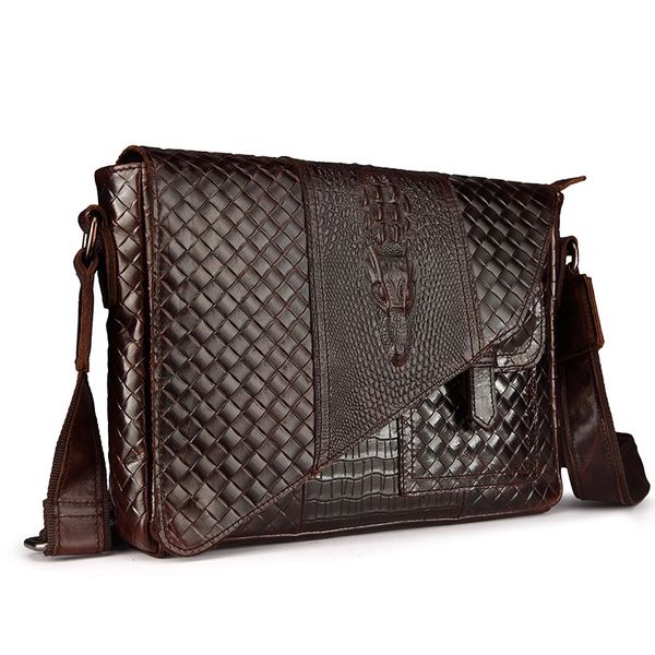 

luxury alligator pattern real genuine leather bag vintage knitting designer shoulder bag cool retro cowskin men messenger bags