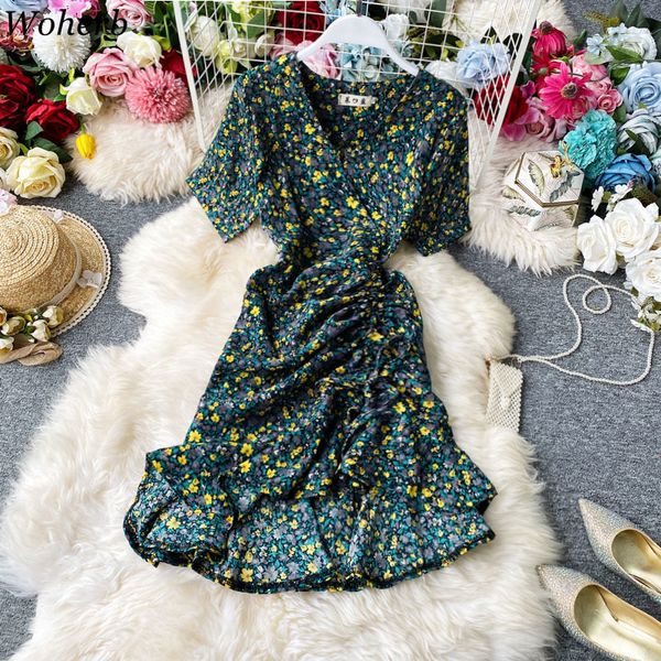 

woherb 2020 summer new chic korean women dress vintage floral print v-neck short sleeve dresses high waist ruffle vestidos femme, Black;gray