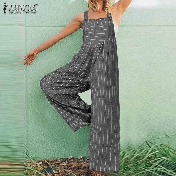 

zanzea 2020 elegant women's wide leg jumpsuits striped pants casual suspender rompers female backless playsuits plus size turnip, Black;white