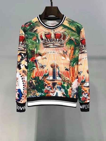 

European and american popular logo et fa hion ver atile peacock crown plant printed round neck pullover body limming hoodie ca ual