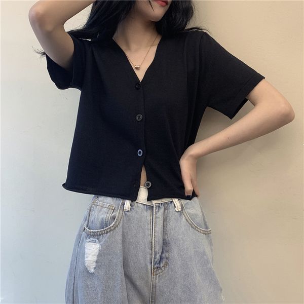 

2020 summer's new button cardigan short sleeve t-shirt women's korean version solid self cultivation v-neck knitting trend, White