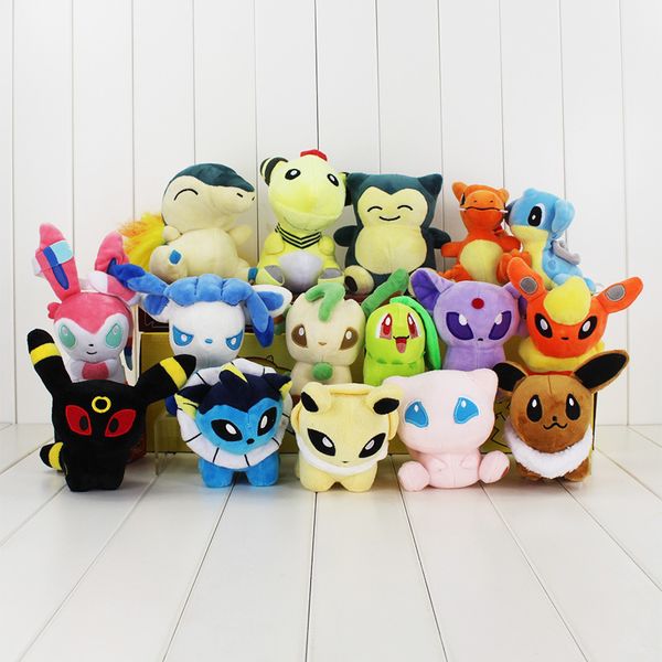 

16pcs / lot аним snorlax cyndaquil ampharos charizard lapras sylveon eevee chikorita плюшевых куклы игрушка фаршированные мягкие подарки y20