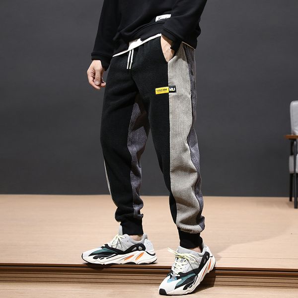 

autumn winter fashion men jeans loose fit spliced designer casual corduroy cargo pants harem trousers hip hop joggers pants men, Blue