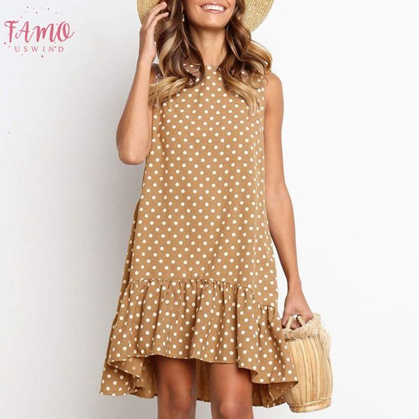 

2019 summer polka dot print mini dress women sleeveless loose ruffles beach dress ladies casual o neck party dresses, Black;gray