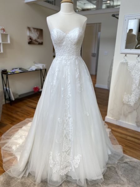 Design Brautkleider 2020, A-Linie, herzförmiger Ausschnitt, Spitze, Applikation, Tüll, Vestidos de Novia Stella, langer Zug